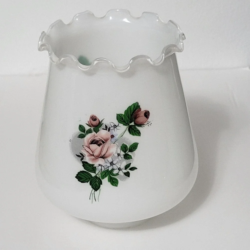 Vintage White Glass Lamp Shade With Floral Design & Ruffled Edge